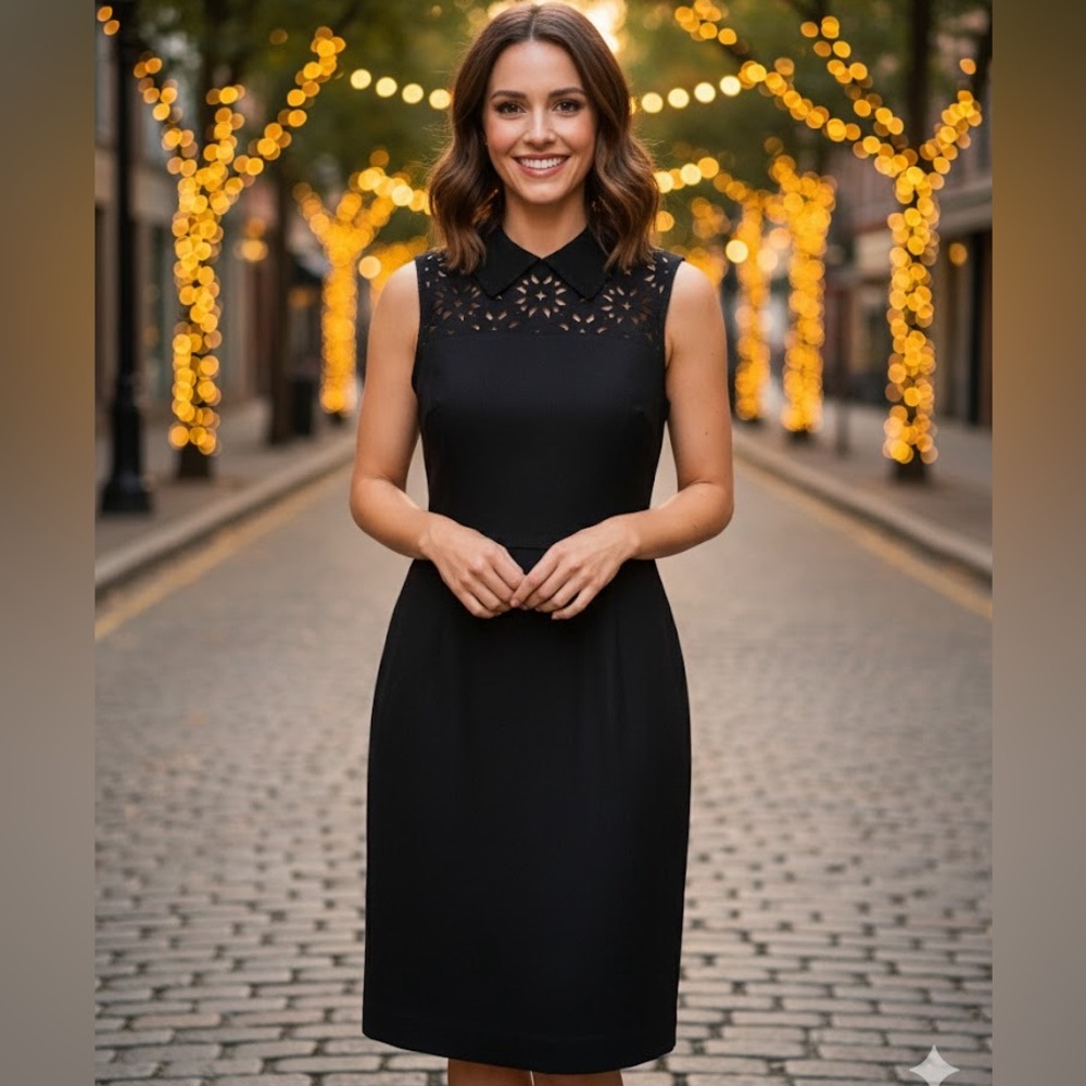 Susana Monaco | Black Wool Midi Dress with Pockets and Lace Collar Detail